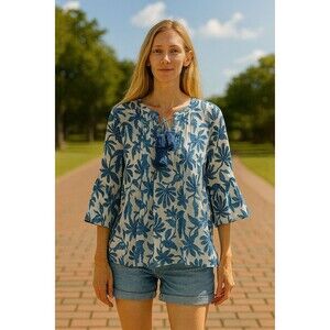 Elie Tahari Shirt Womens XL White Blue Floral Pintuck Coastal Vacation Cruise
